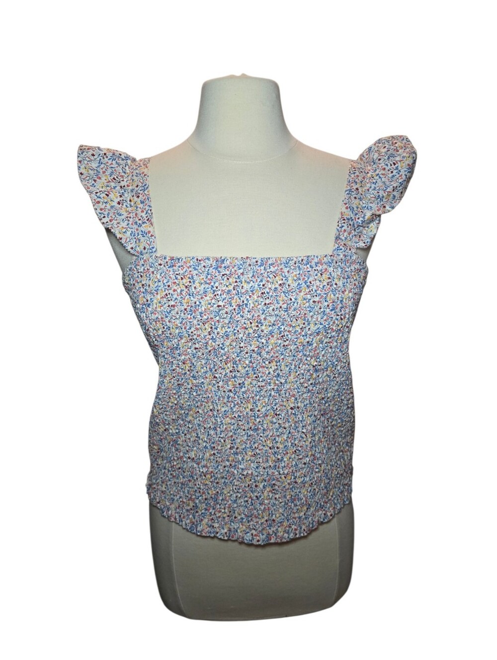 Old Navy Ruched Stretch Bodice Floral Cropped Flutter Sleeve Blouse Top Large